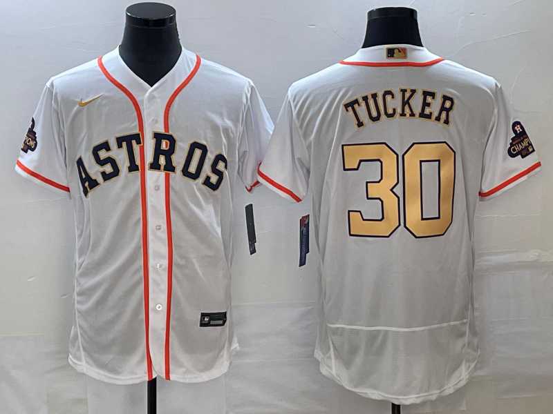 Mens Houston Astros #30 Kyle Tucker 2023 White Gold World Serise Champions Patch Flex Base Stitched Jersey->houston astros->MLB Jersey